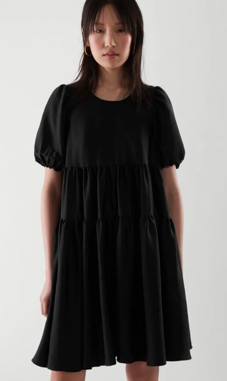 COS Black Satin Tiered Dress Women’s Size 2 Puff Sleeve Knee Length Short LBD